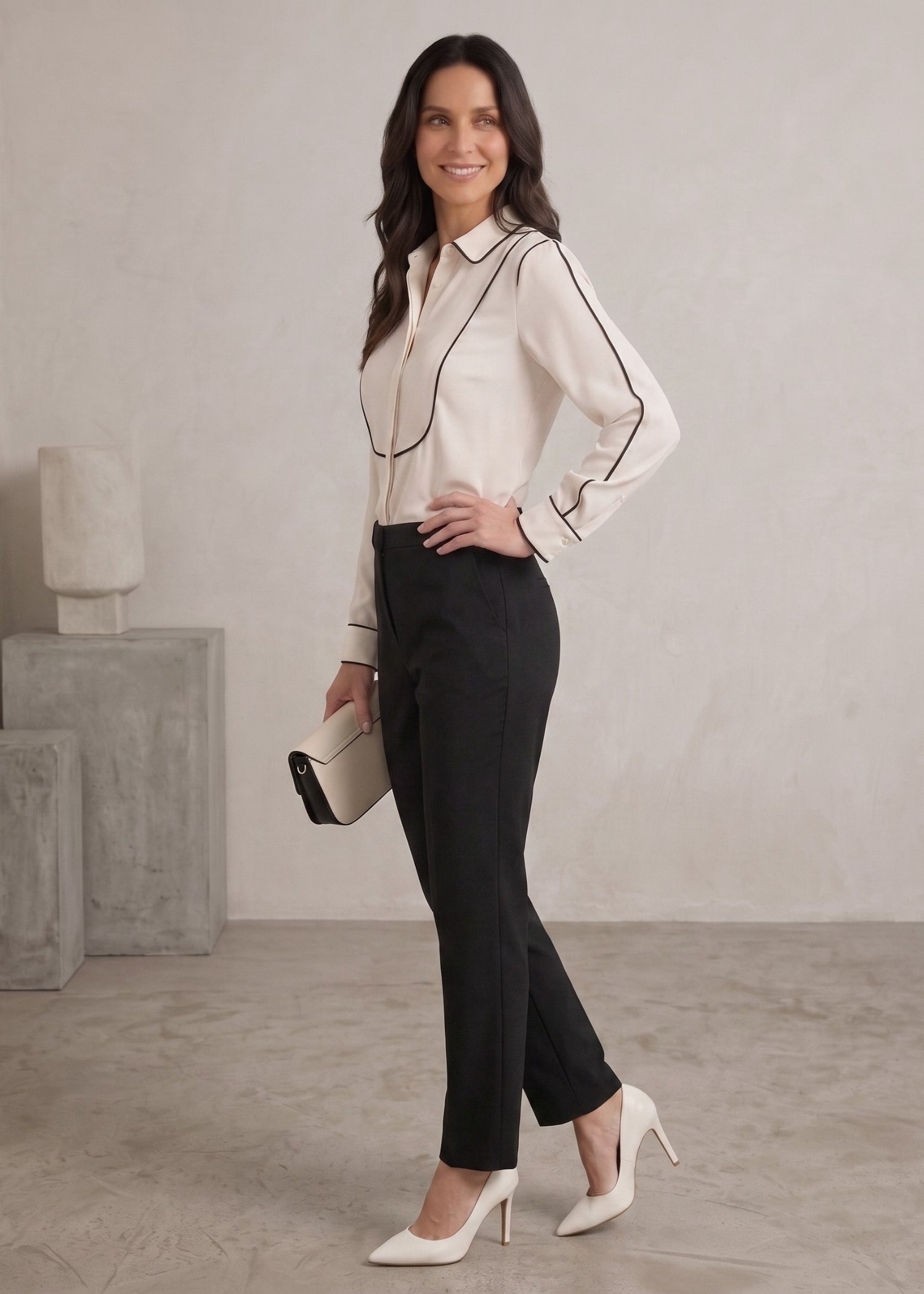 Off White Contrast Trim Shirt for Women