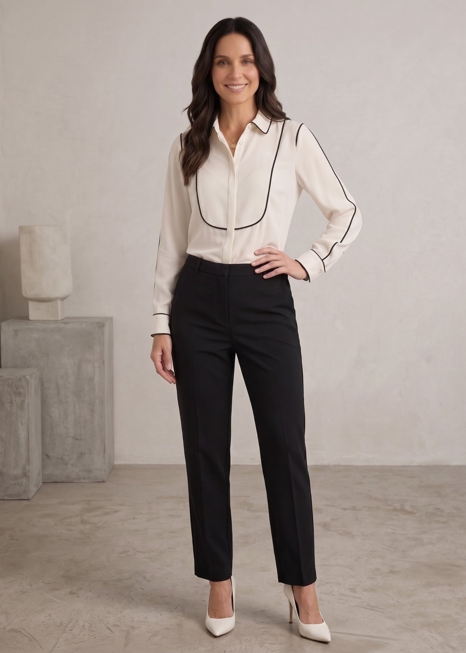 Off White Contrast Trim Shirt for Women