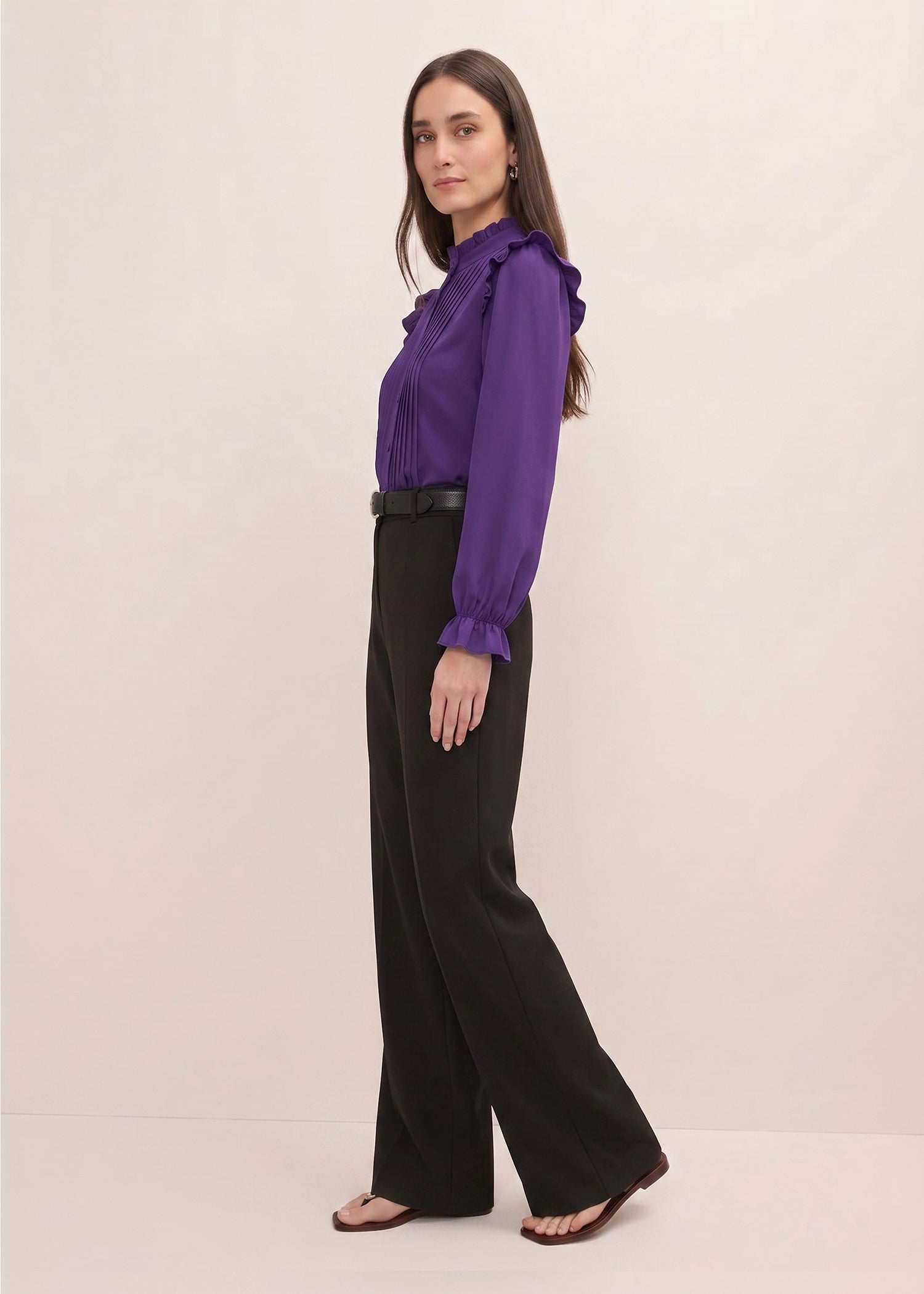 Purple Solid Ruffle Trim Blouse