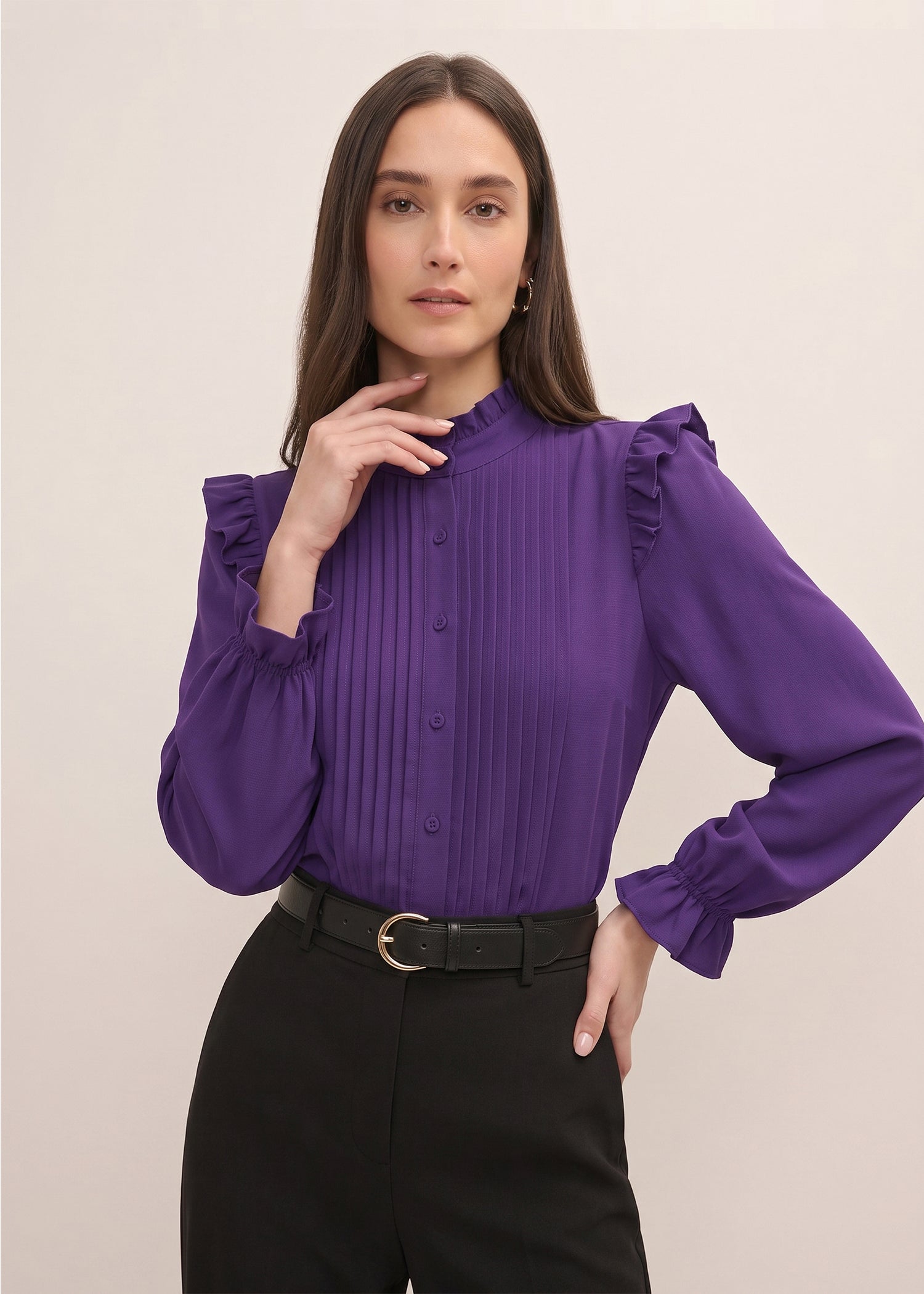 Purple Solid Ruffle Trim Blouse for Women