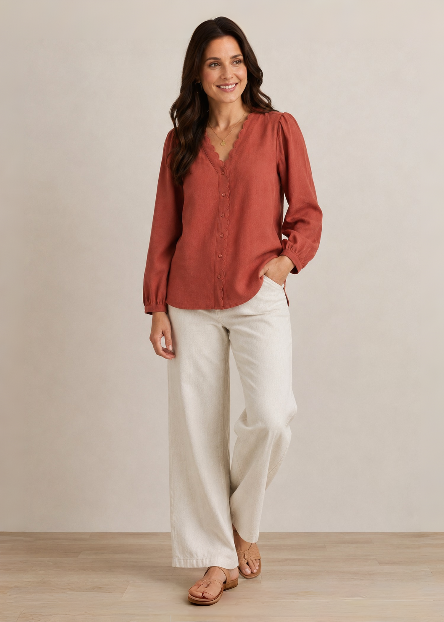 Rust Scallop Trim Linen Shirt