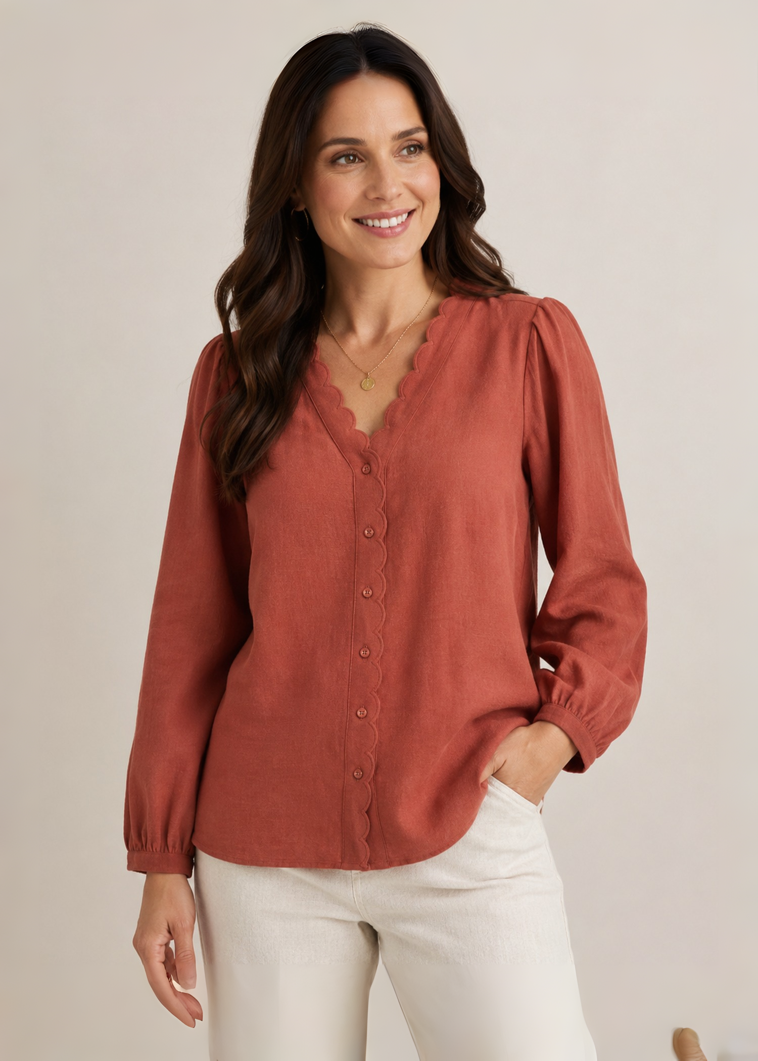 Rust Scallop Trim Linen Shirt