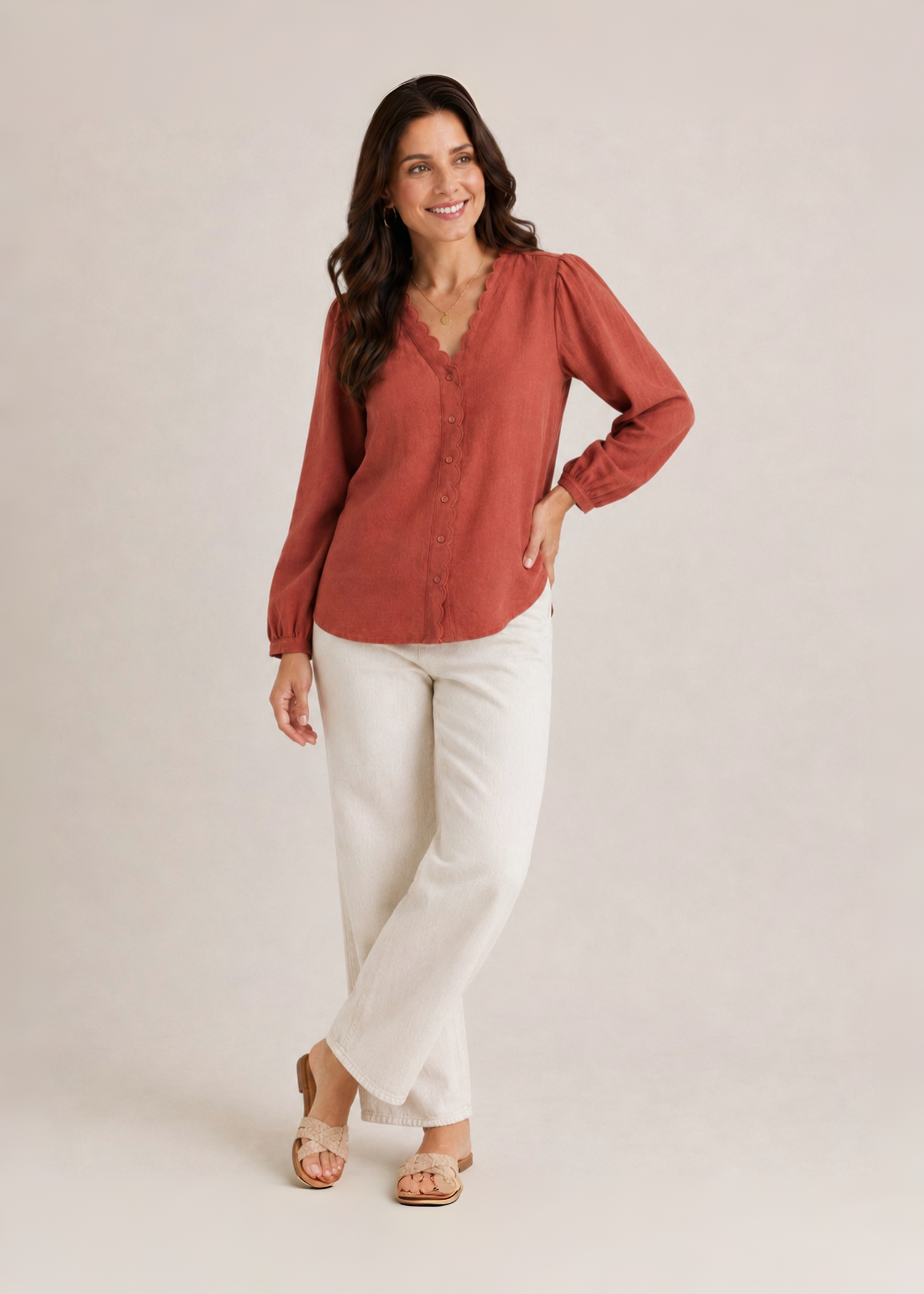 Rust Scallop Trim Linen Shirt