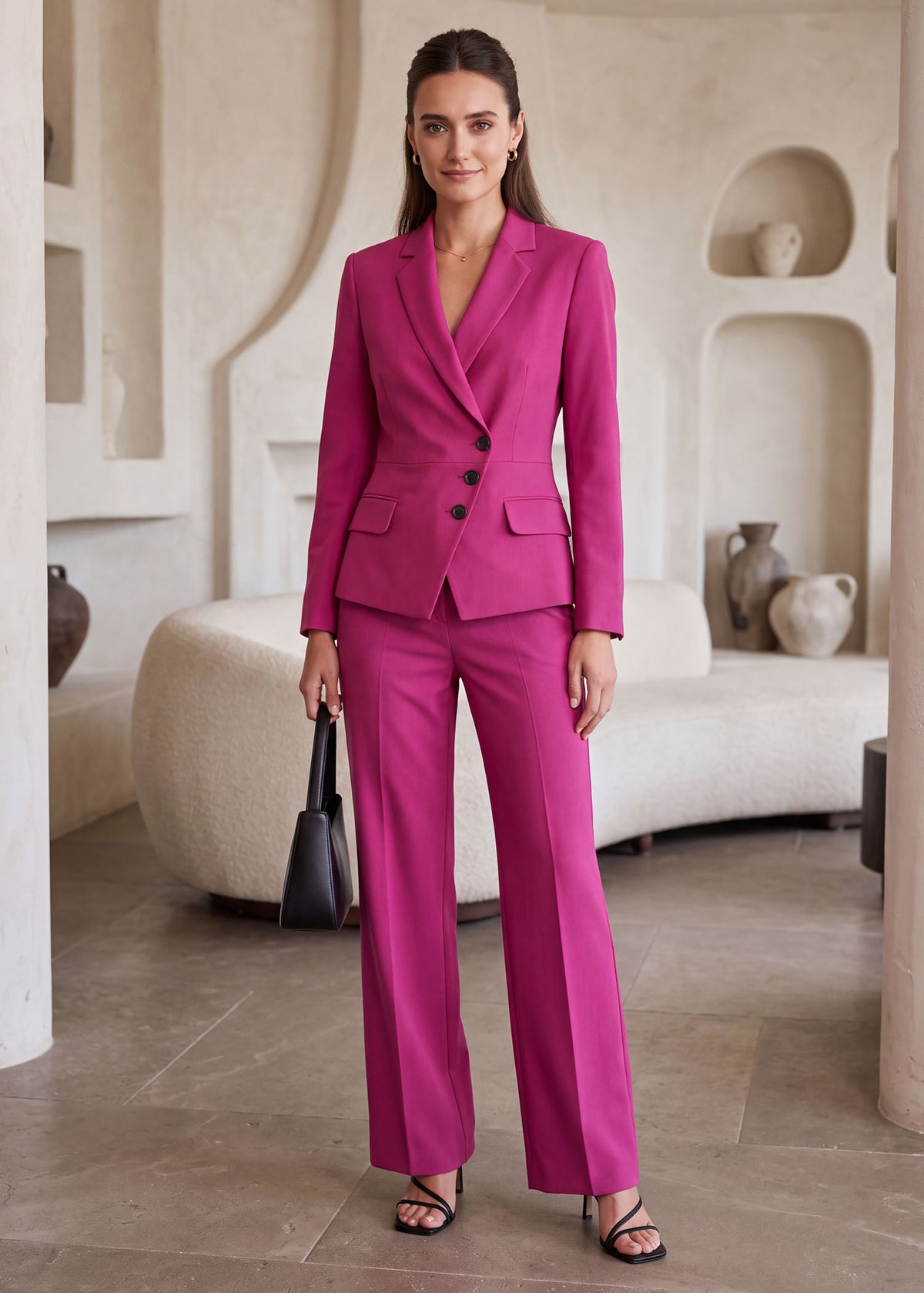 Sicily Fitted Waist Office Suit in Bright Pink
