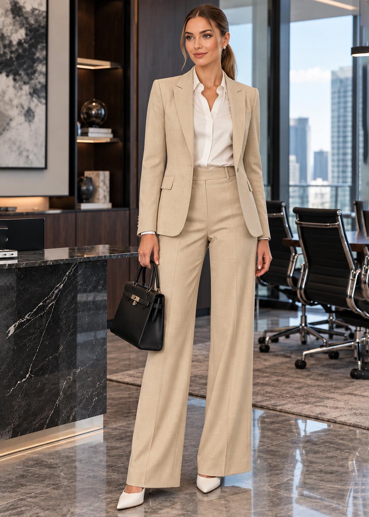 Single Breasted Two Piece Suit in Beige