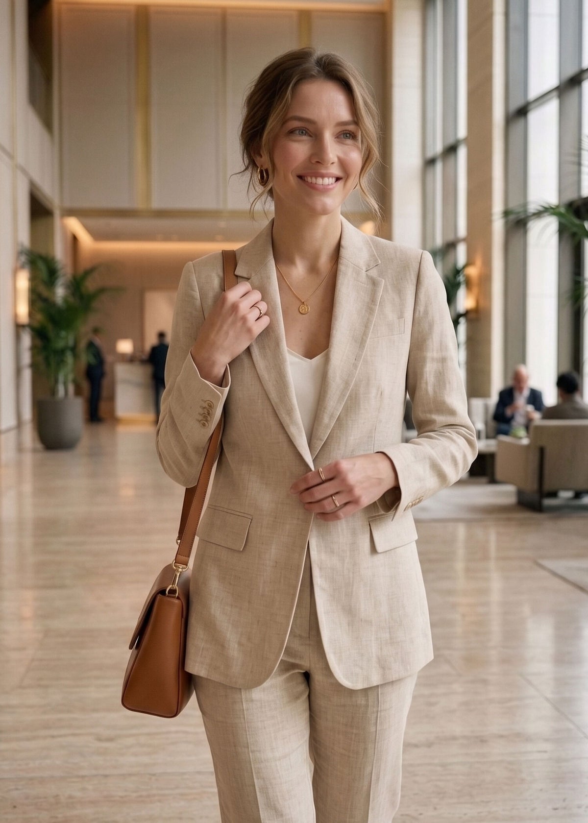 Single Breasted Beige Linen Suit for Women