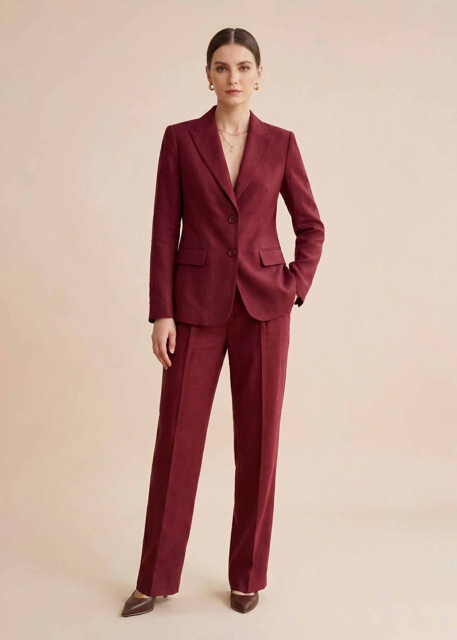 Order Burgundy Linen Single Breasted Suit for Women Order Burgundy Linen Single Breasted Suit for Women
