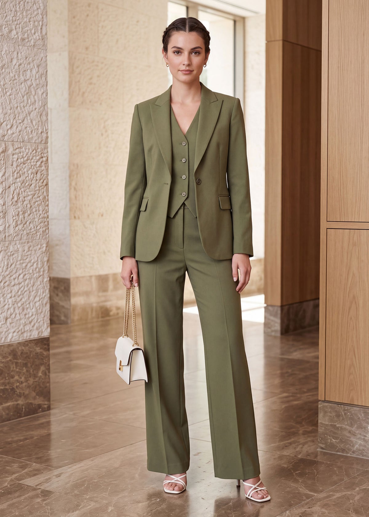 Single Breasted Three Piece Office Wear Formal Suit in Green
