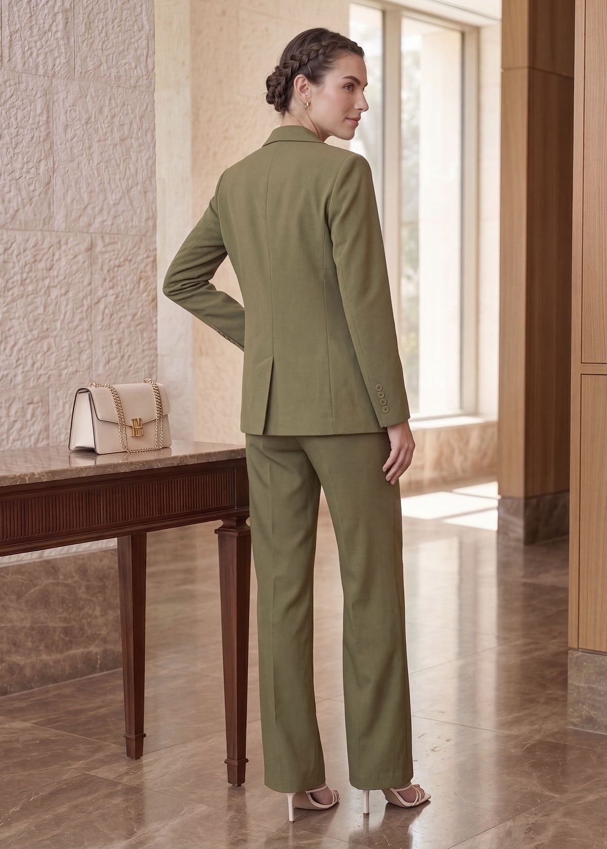 Single Breasted Three Piece Office Wear Formal Suit in Green
