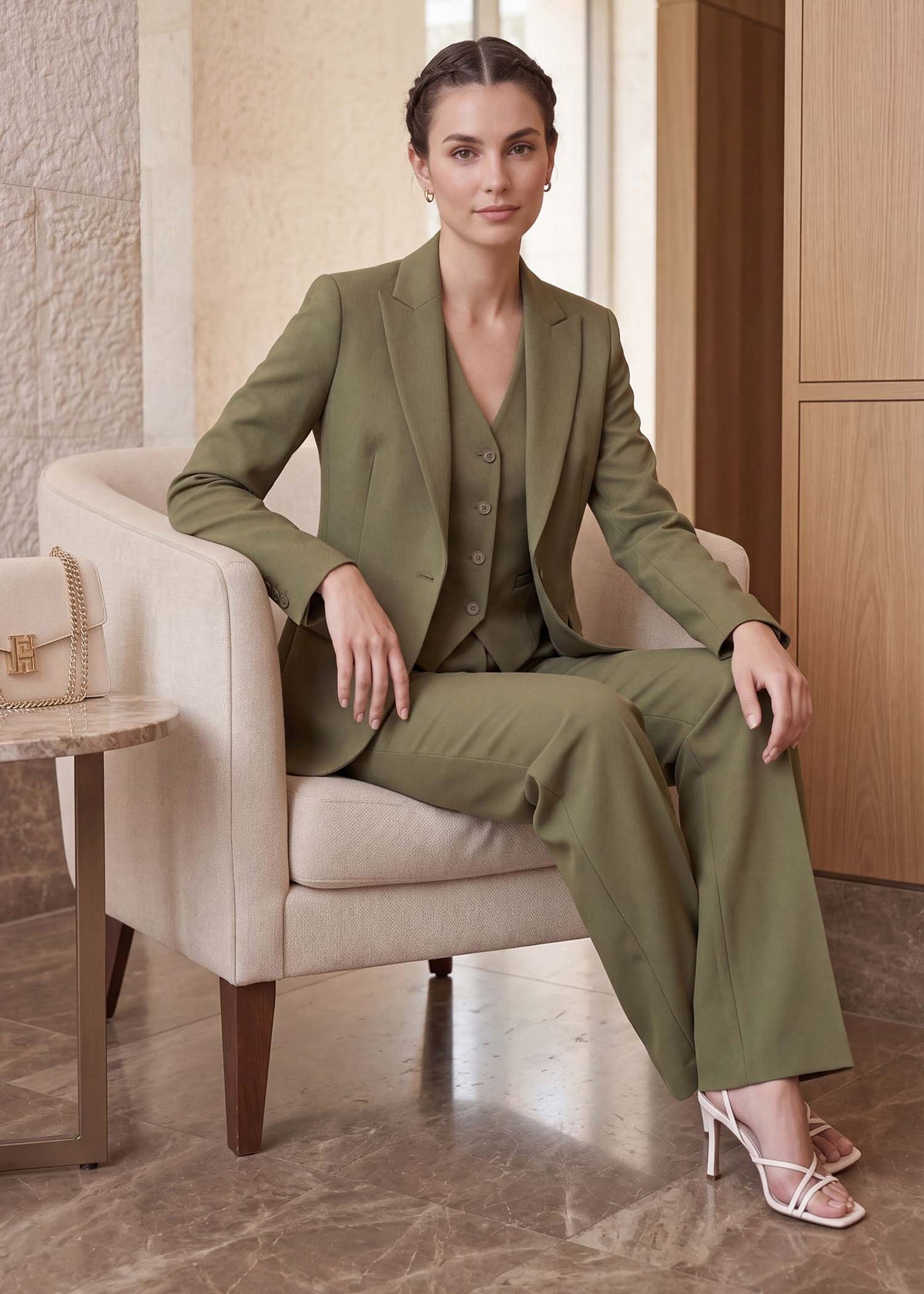 Single Breasted Three Piece Office Wear Formal Suit in Green
