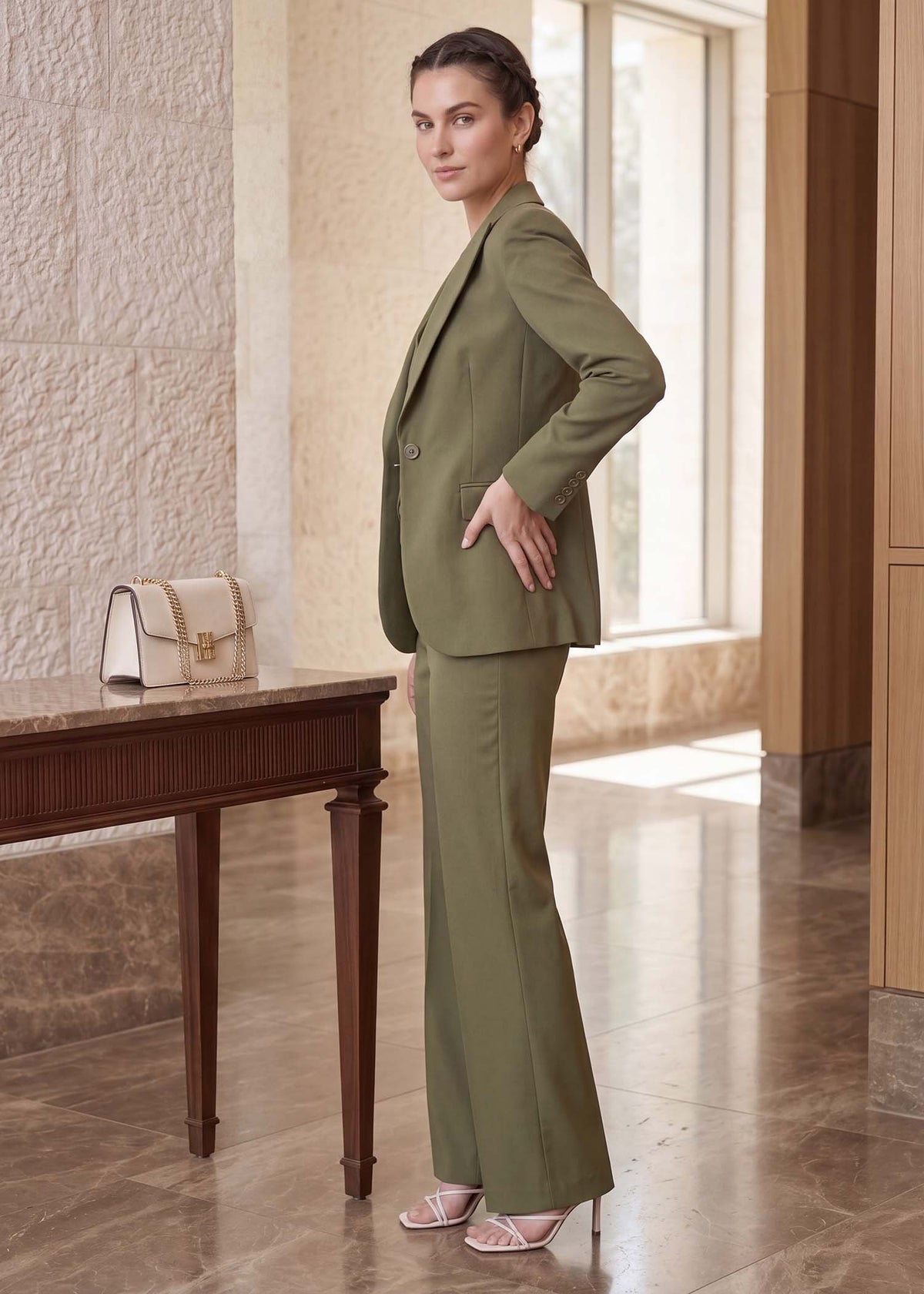 Single Breasted Three Piece Office Wear Formal Suit in Green
