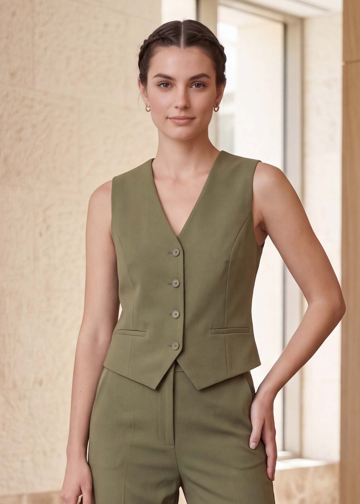 Single Breasted Three Piece Office Wear Formal Suit in Green
