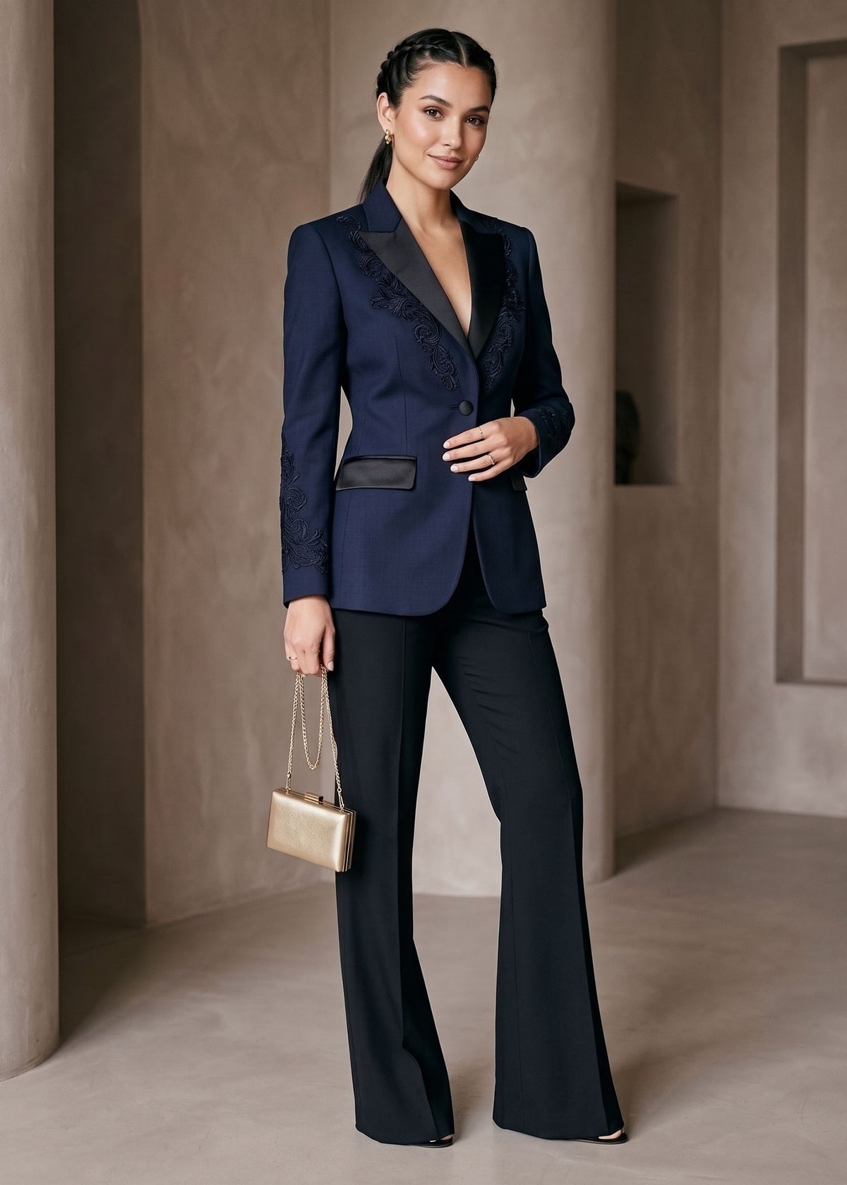 Thread Embroidered Two Piece Tuxedo Suit for Women