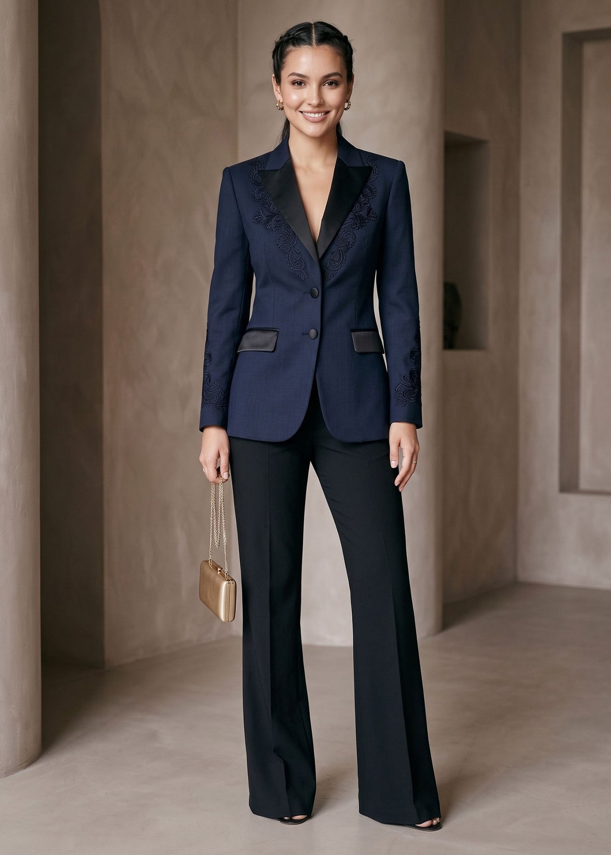 Thread Embroidered Two Piece Tuxedo Suit for Women