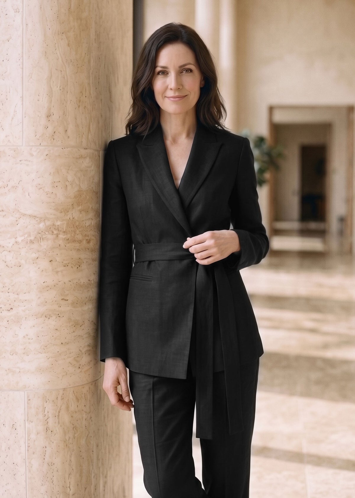 Tie Waist Office Attire Suit in MatteBlack