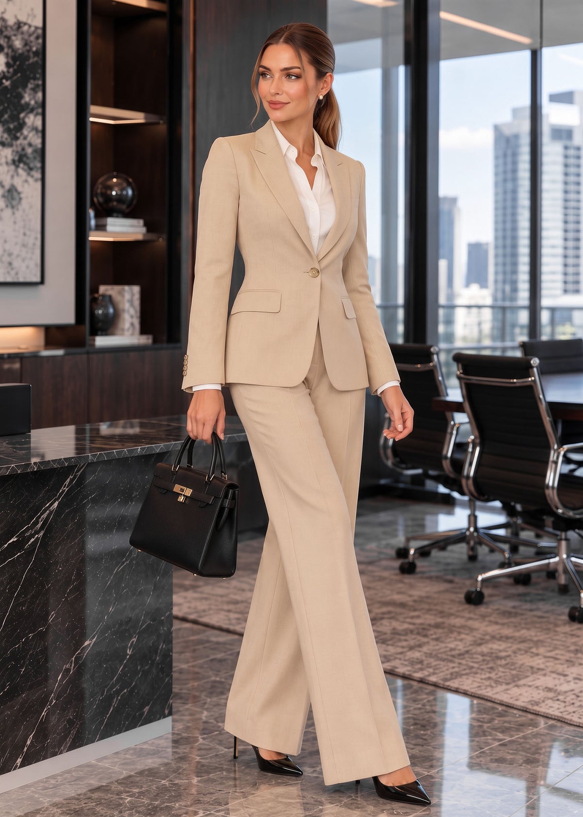 Single Breasted Two Piece Suit in Beige