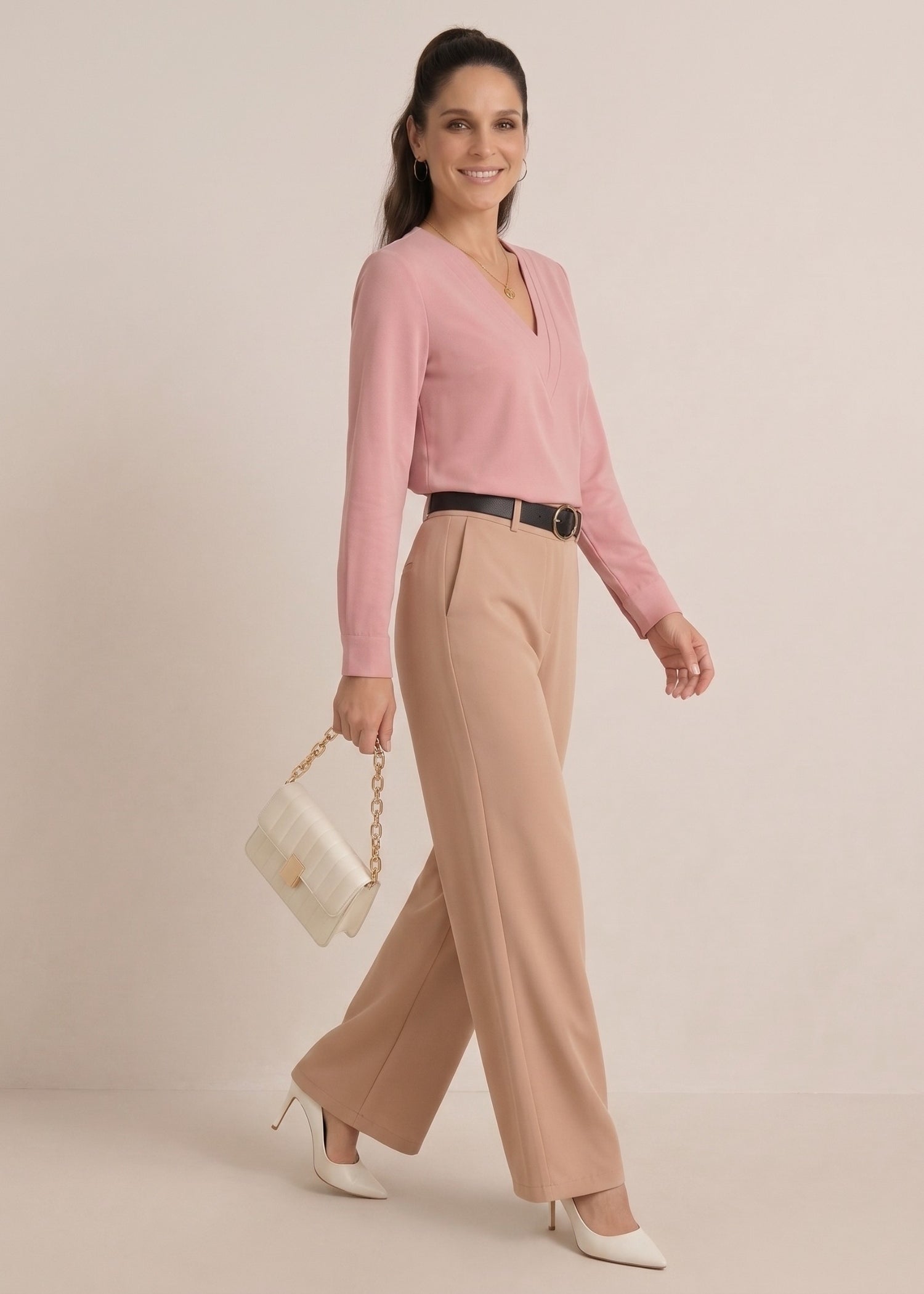 V Neck Top with Long Sleeve in Dusty Pink