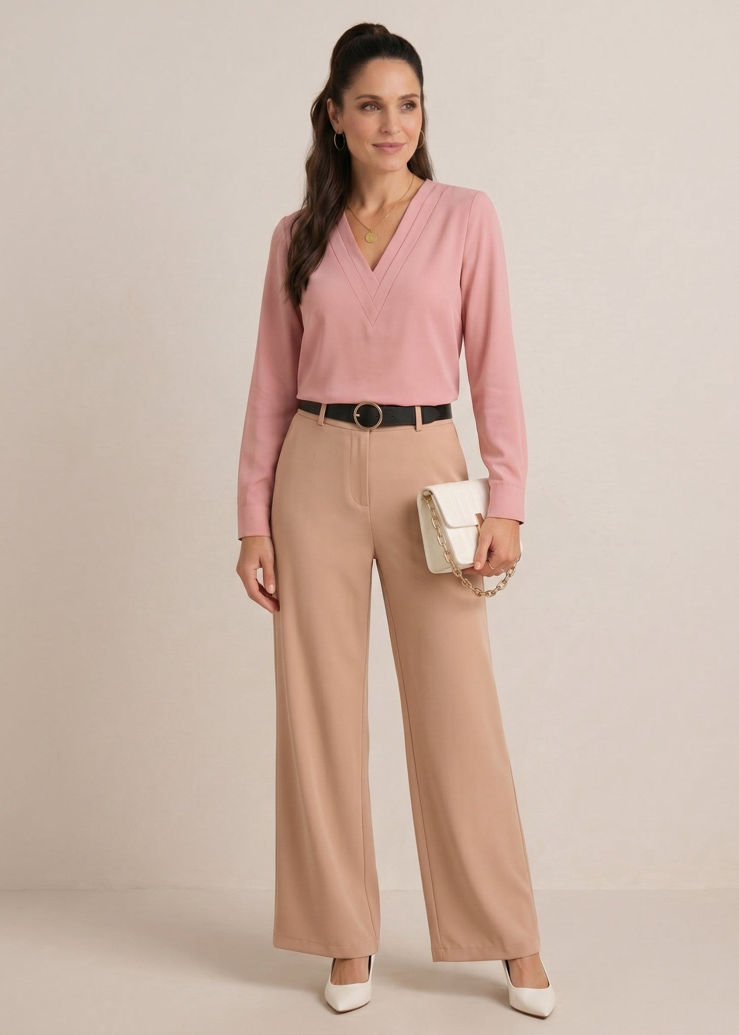 V Neck Top with Long Sleeve in Dusty Pink