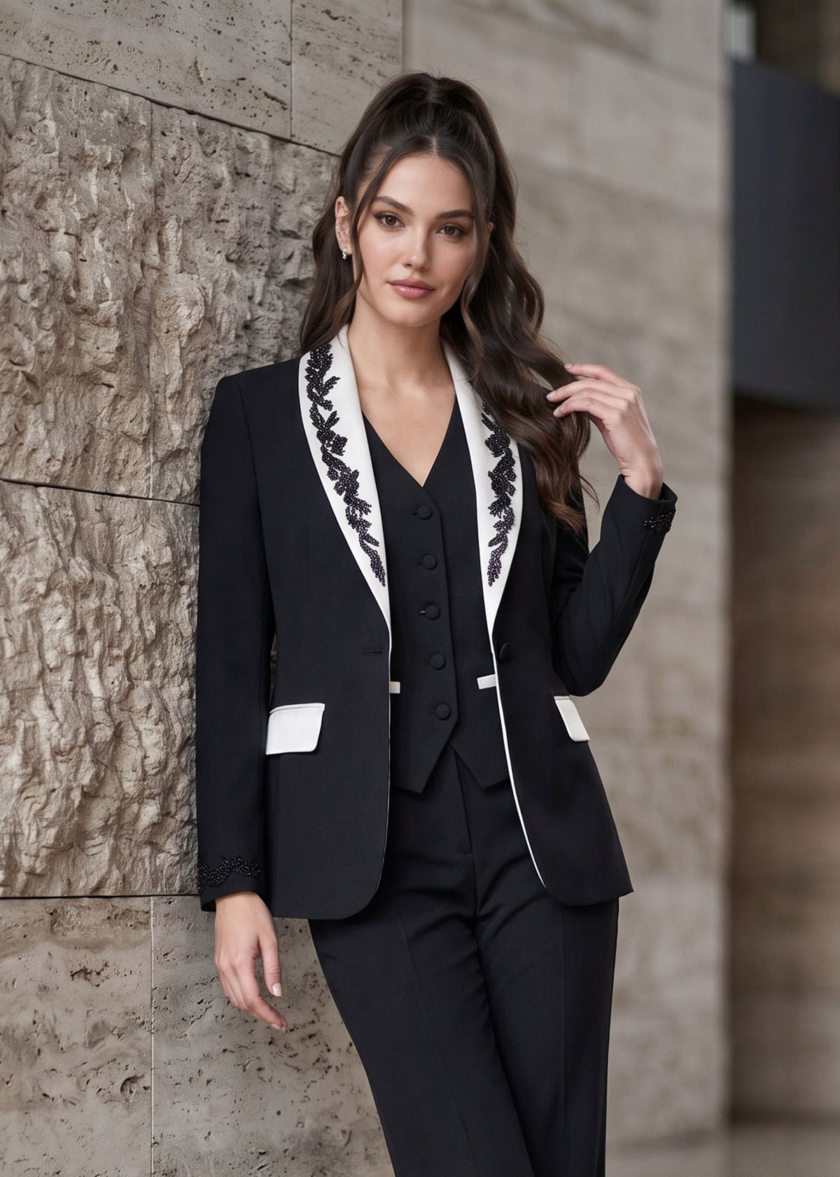Vienna Three-Piece Embroidered Tuxedo in Black & White