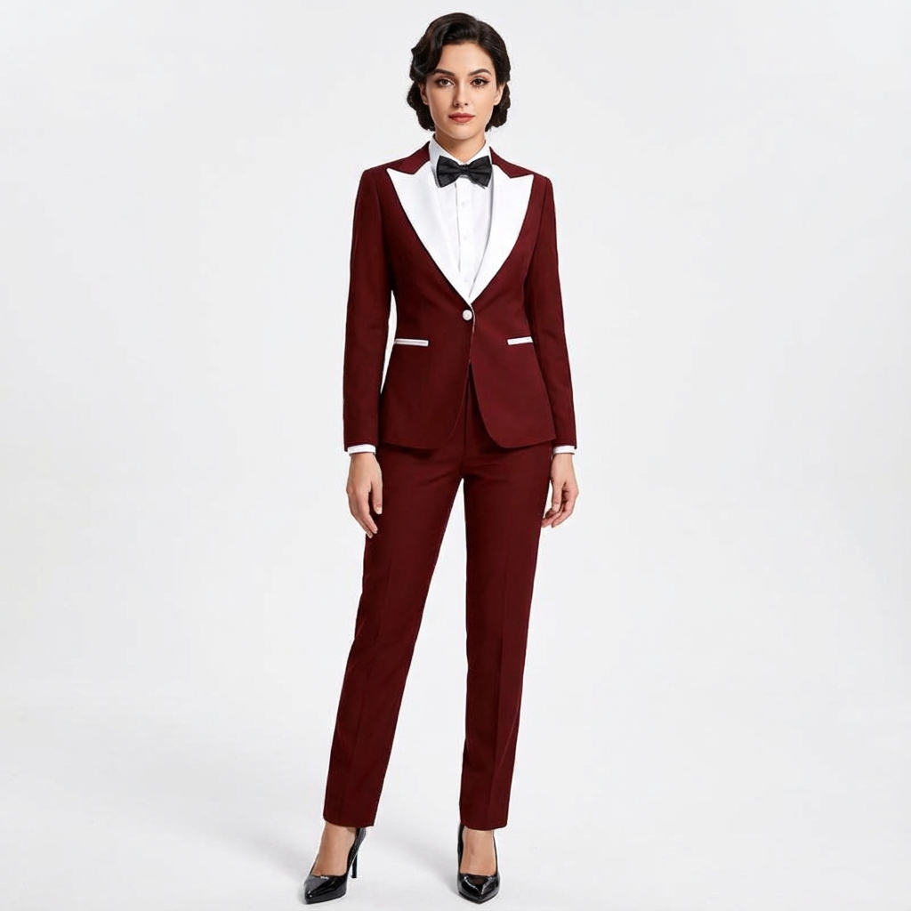 Women Maroon and White Tuxedo
