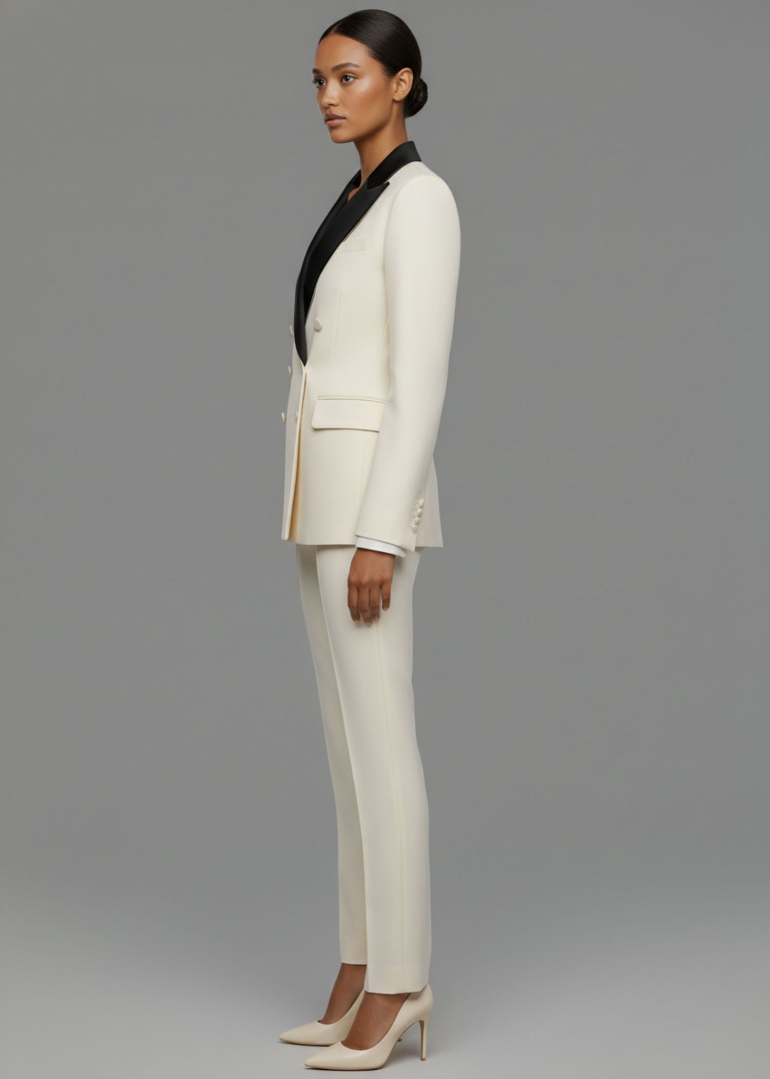 Cream Tuxedo Suit With Black Lapel