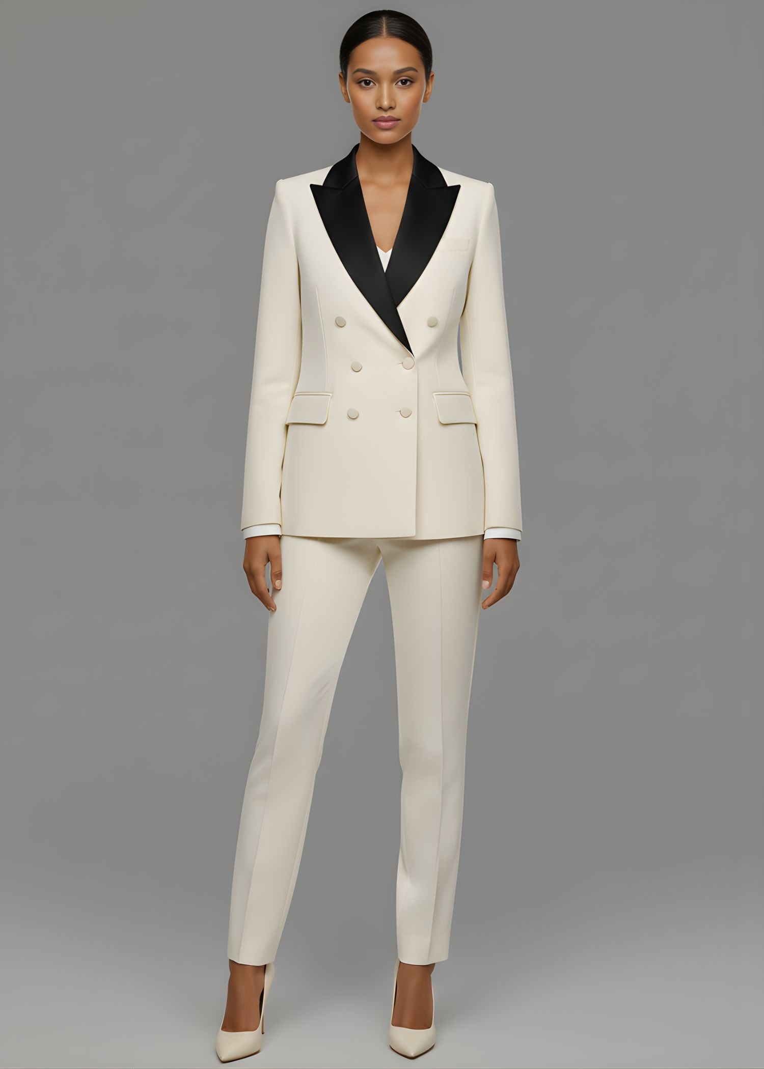Cream Tuxedo Suit With Black Lapel