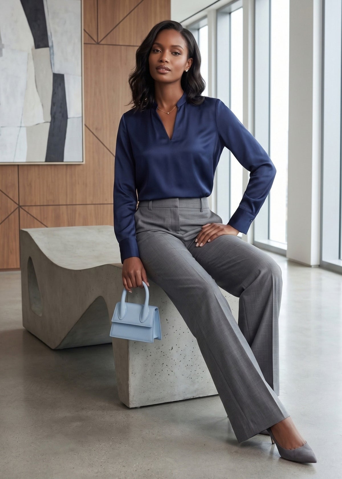  Navy Split-Neck Silk Formal Top for Women