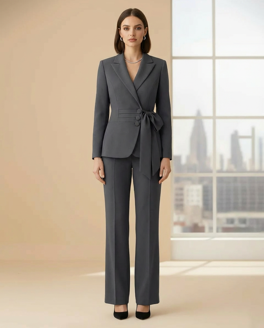 Grey Belted Blazer Suit for Women