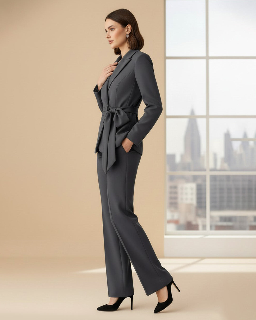 grey belted blazer suit