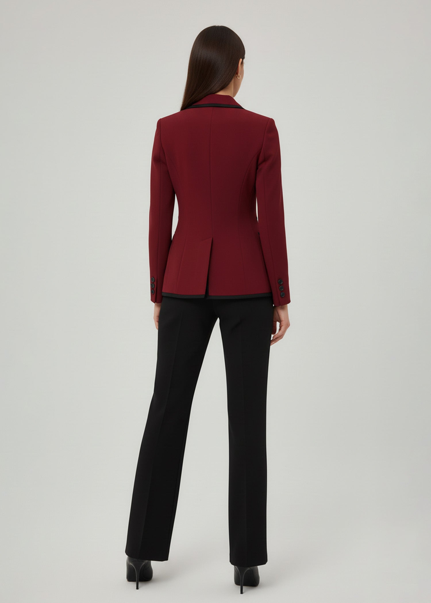 notch lapel tuxedo in maroon and black 