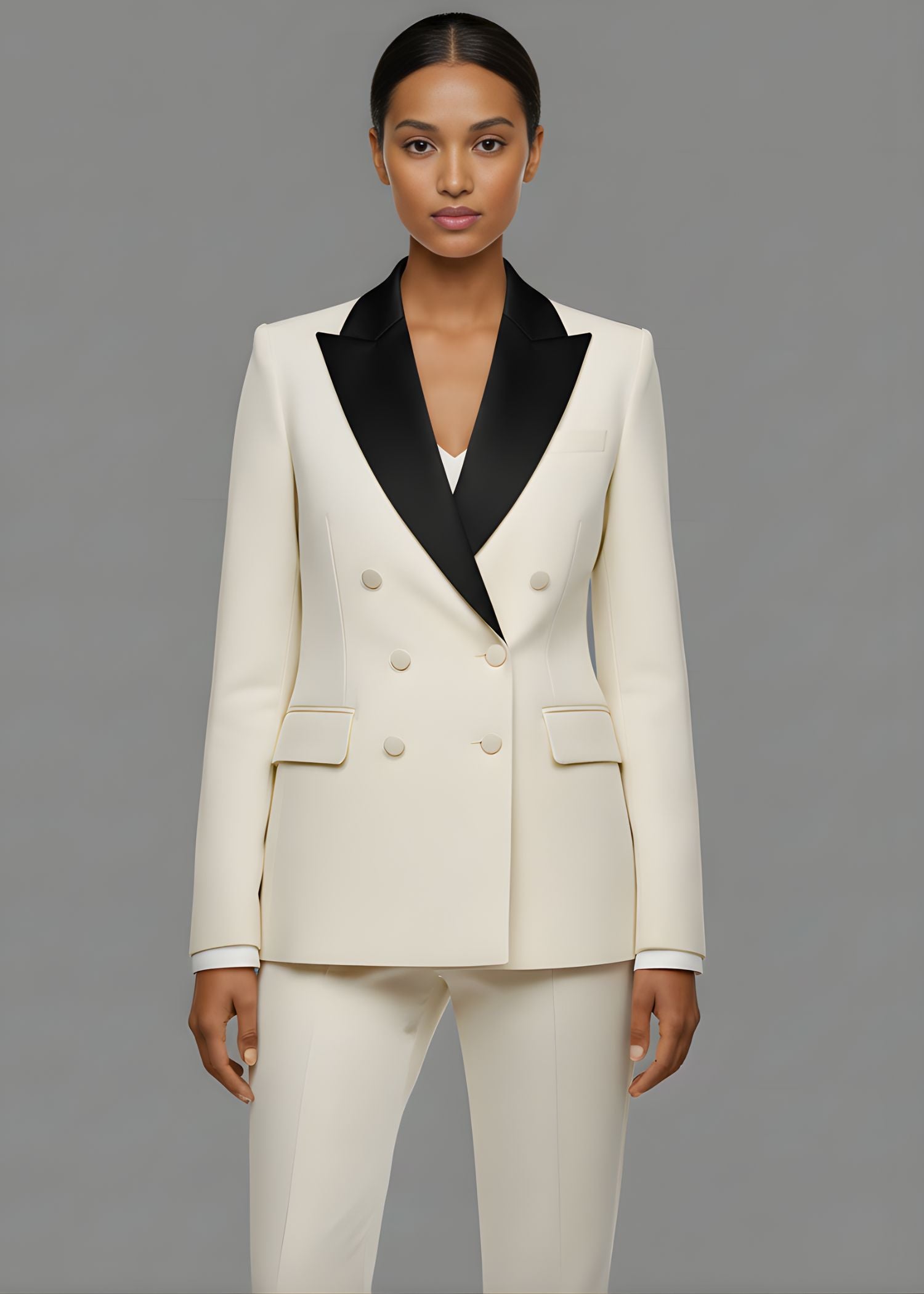 Cream Tuxedo Suit With Black Lapel