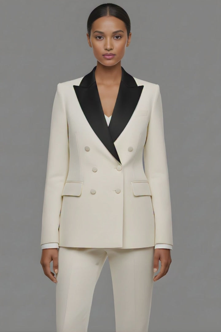 Cream Tuxedo Suit With Black Lapel