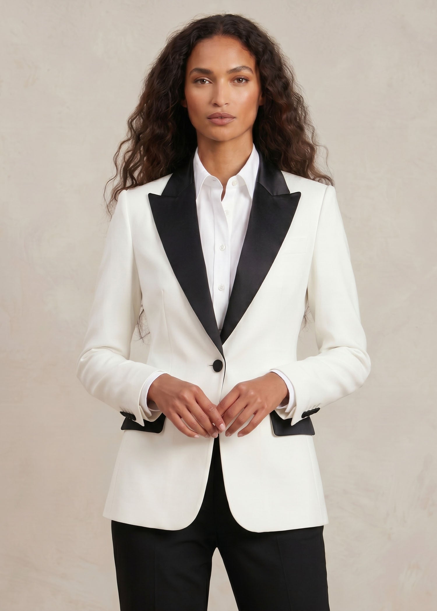 single breasted white tuxedo