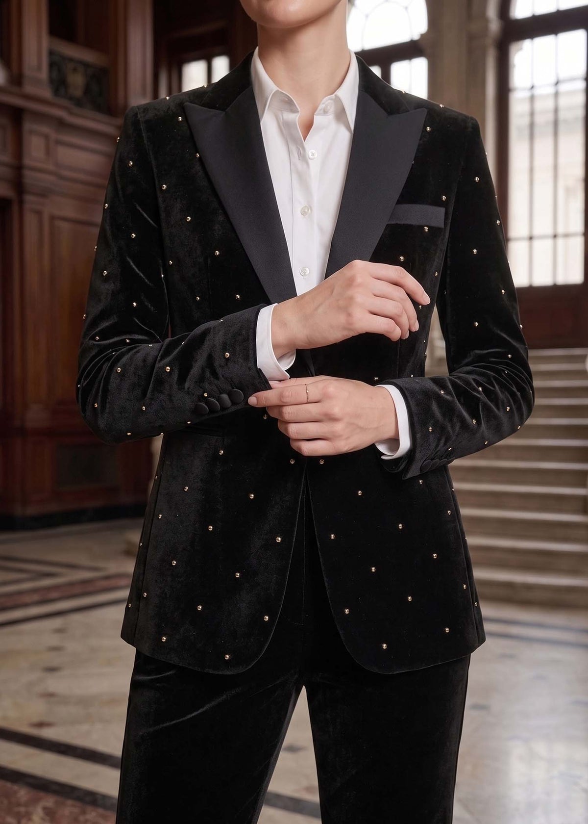 Embellished Velvet Two Piece Tuxedo in Black 