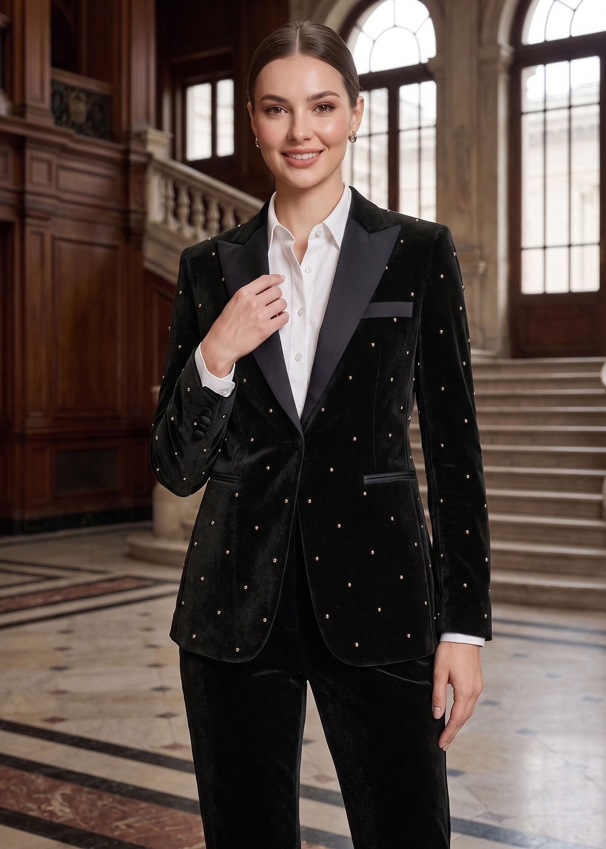 Embellished Velvet Two Piece Tuxedo in Black 