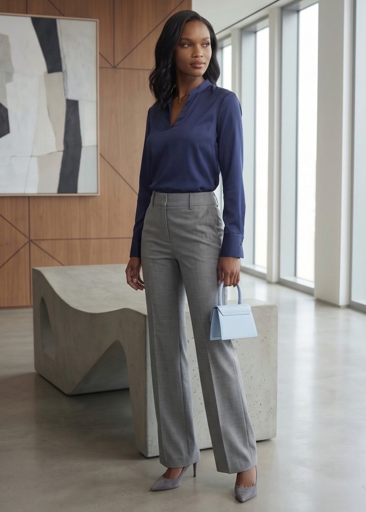  Navy Split-Neck Silk Formal Top for Women