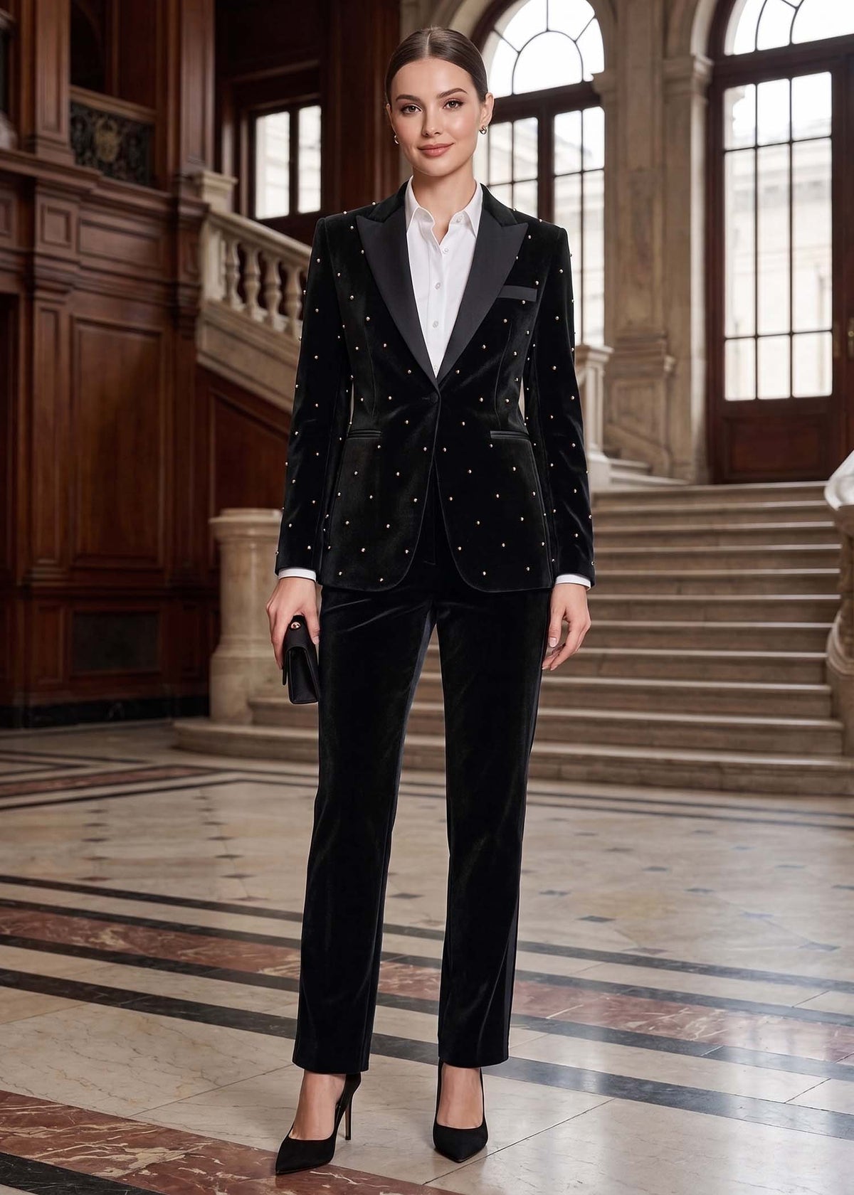 Embellished Velvet Two Piece Tuxedo in Black 